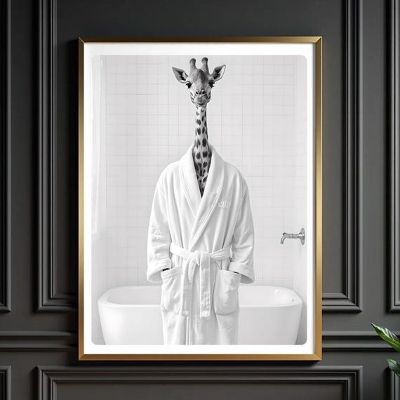 Funny Giraffe In Bathrobe Print Quirky Bathroom Wall Art
