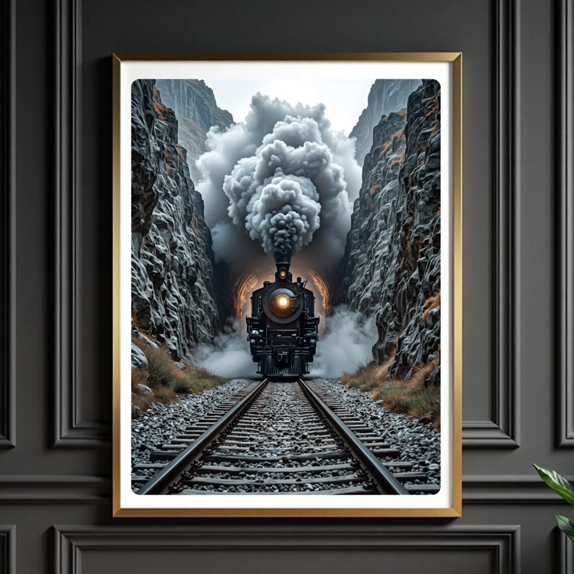 Dramatic Black And White Steam Train Through Rocky Canyon Poster