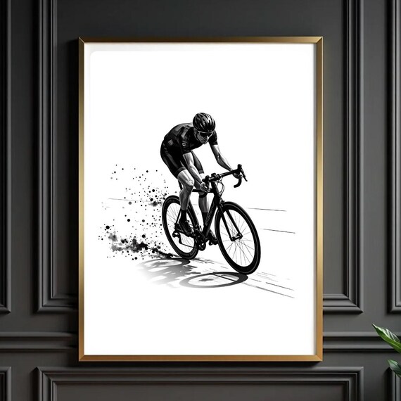 Black and White Road Cyclist Racing Speed Illustration Poster