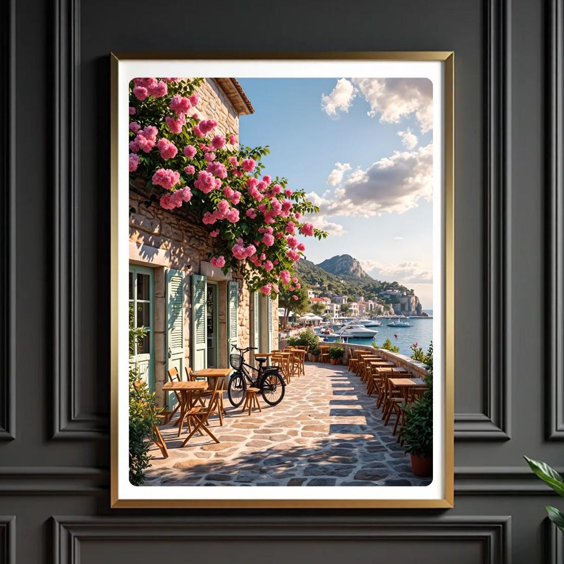 Mediterranean Seaside Cafe Bougainvillea Coastal Village Wall Art