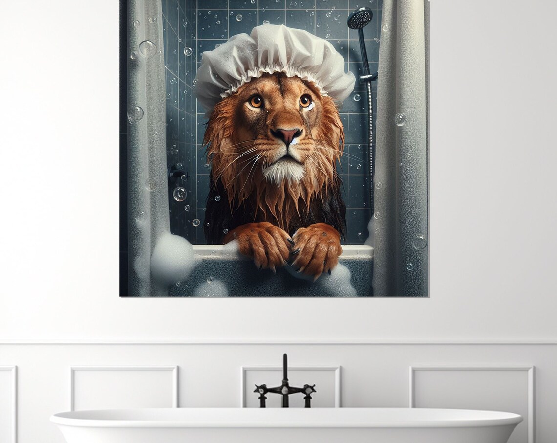 Majestic Lion With White Shower Cap in Bubble Bath Animal Poster - Image 4