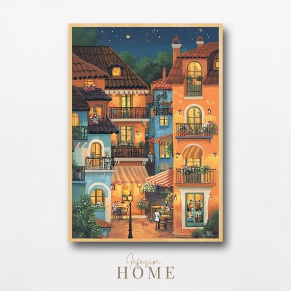 Whimsical Village Night Scene Balconies and Cafes Art Poster