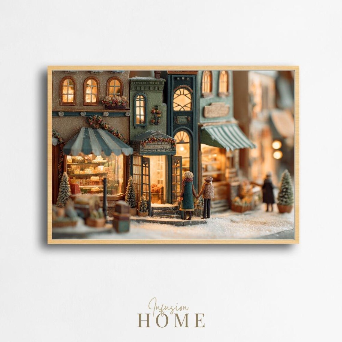Snowy Miniature Village Street Couple Winter Night Scene Print