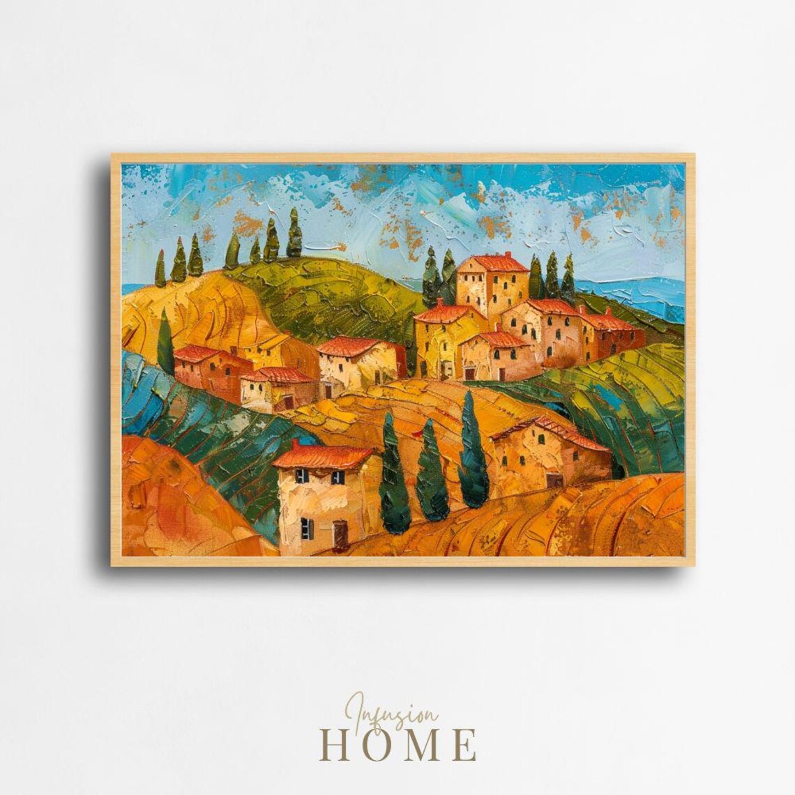 Tuscan Hill Village Golden Vineyard Impasto Oil Painting Style Poster