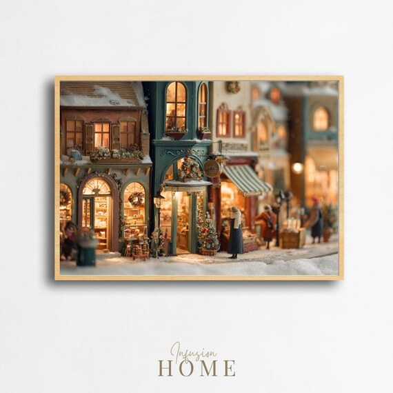 Miniature Christmas Village Street Snowy Shops Holiday Print