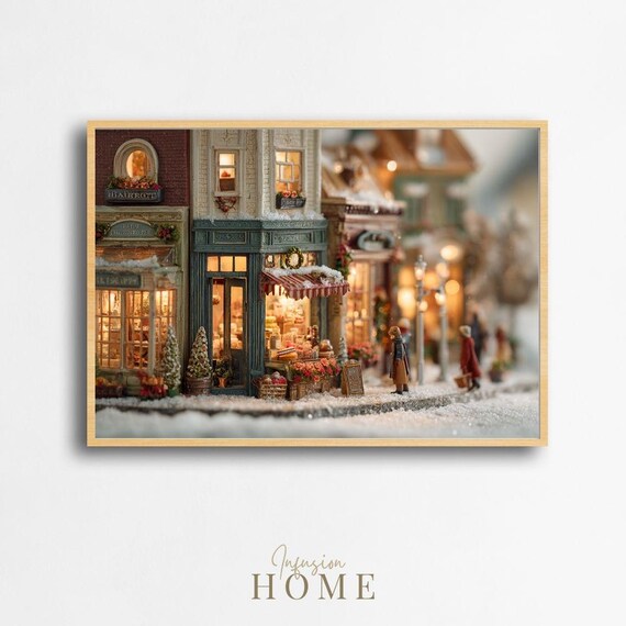 Miniature Christmas Bakery Street Snowy Village Shops Art Poster