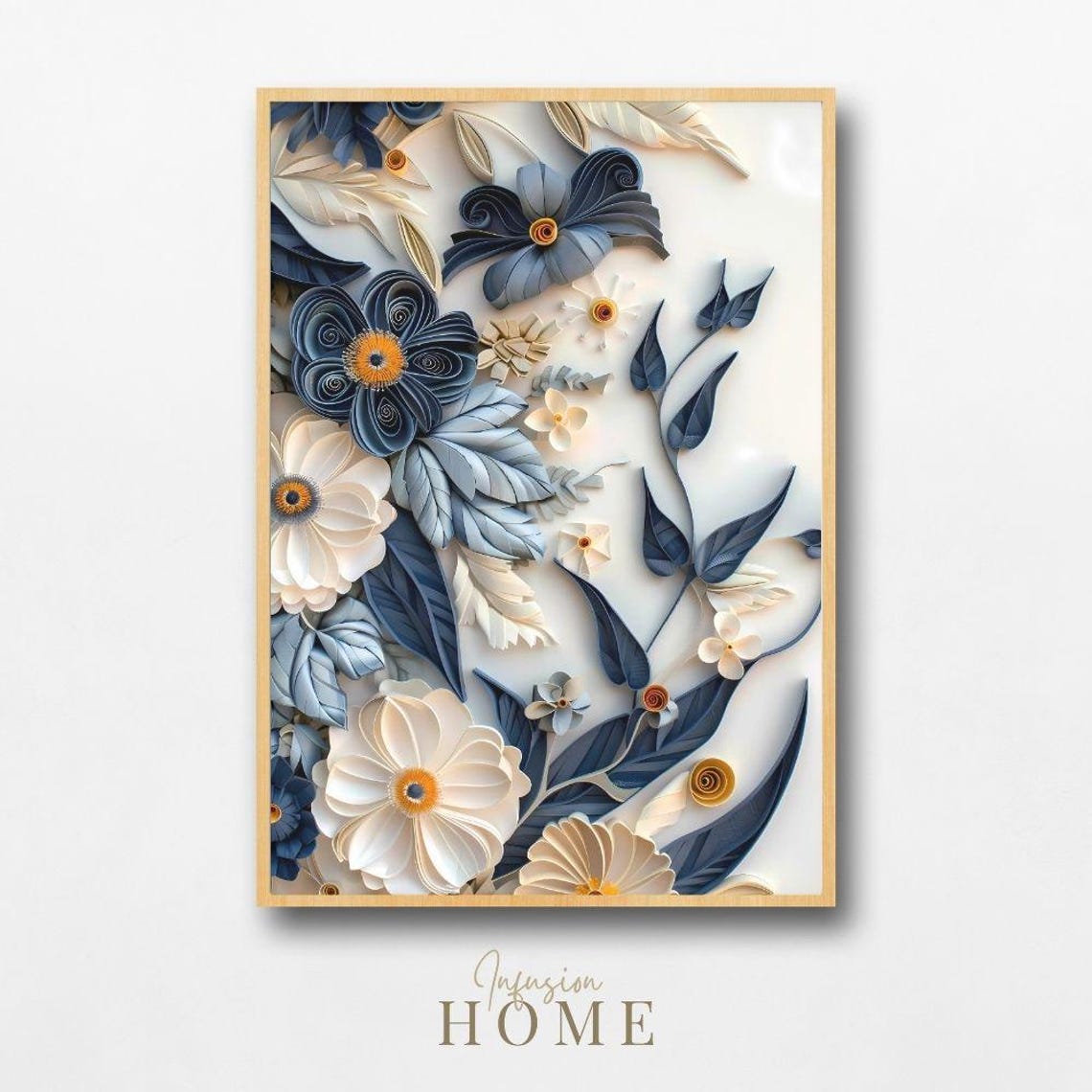 Navy Blue Elegant White Quilled Paper Flower Floral Art Poster
