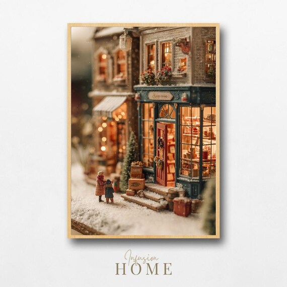 Miniature Christmas Village Shop Snowy Night Cozy Street Poster