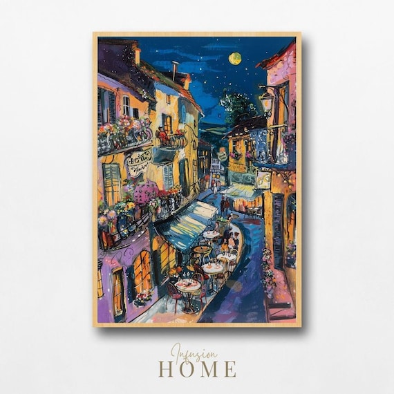 Moonlit Village Street Night Cafe Scene Romantic Painting Poster