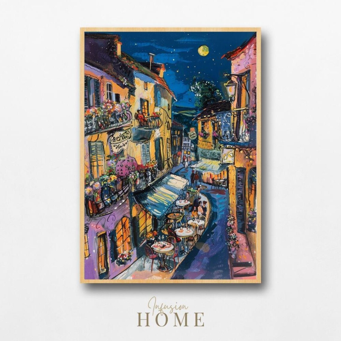 Moonlit Village Street Night Cafe Scene Romantic Painting Poster