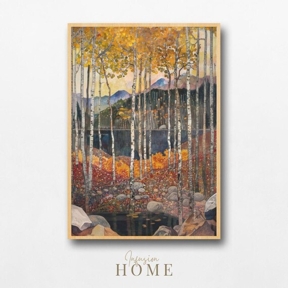 Golden Birch Forest Autumn Trees by Mountain Lake