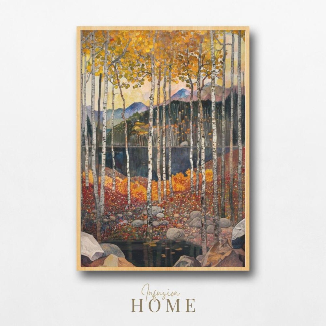 Golden Birch Forest Autumn Trees by Mountain Lake
