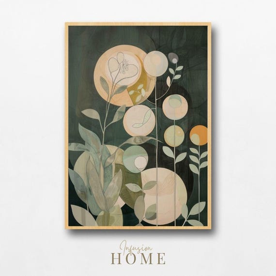 Nordic Botanical Print Dark Green Beige Floral Art