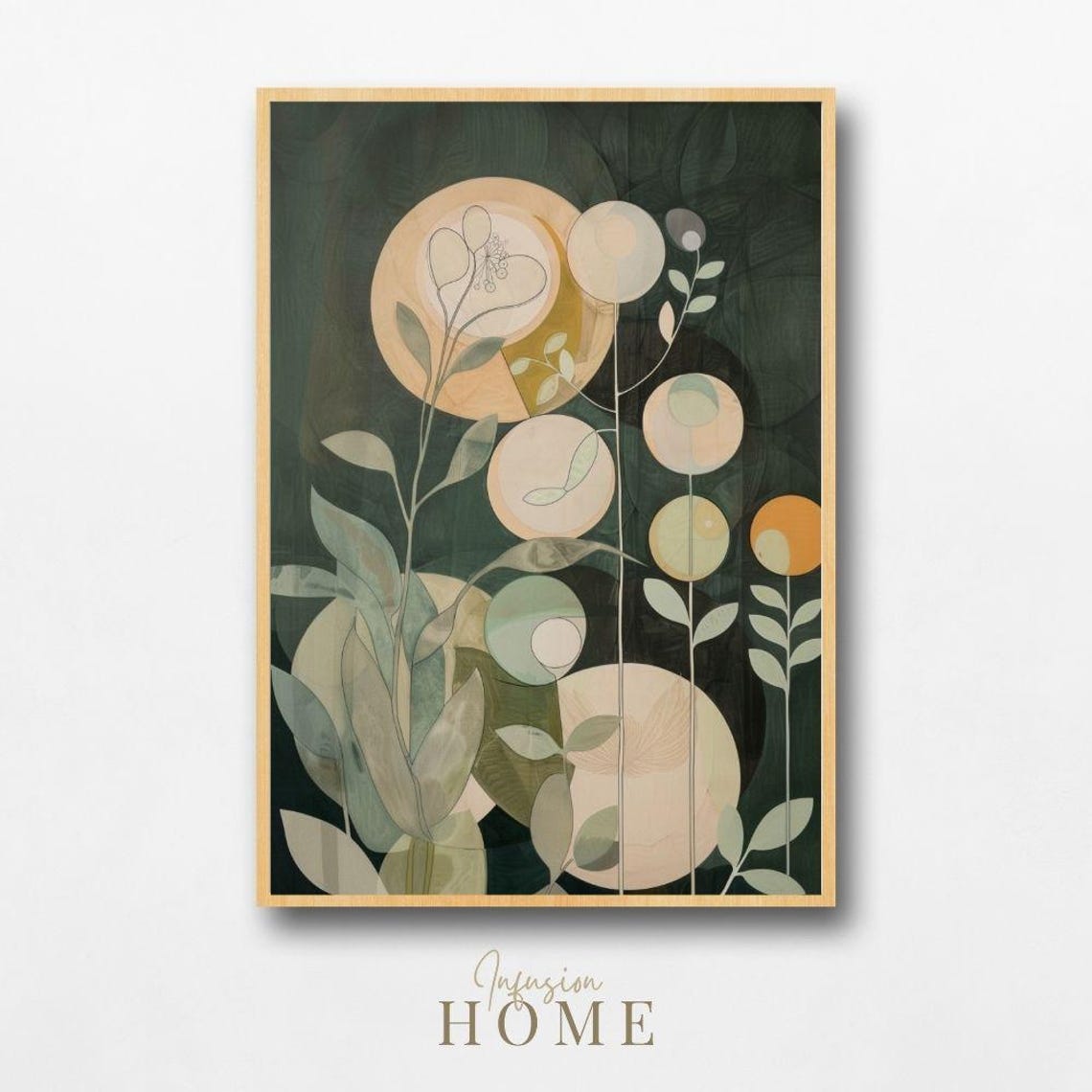 Nordic Botanical Print Dark Green Beige Floral Art