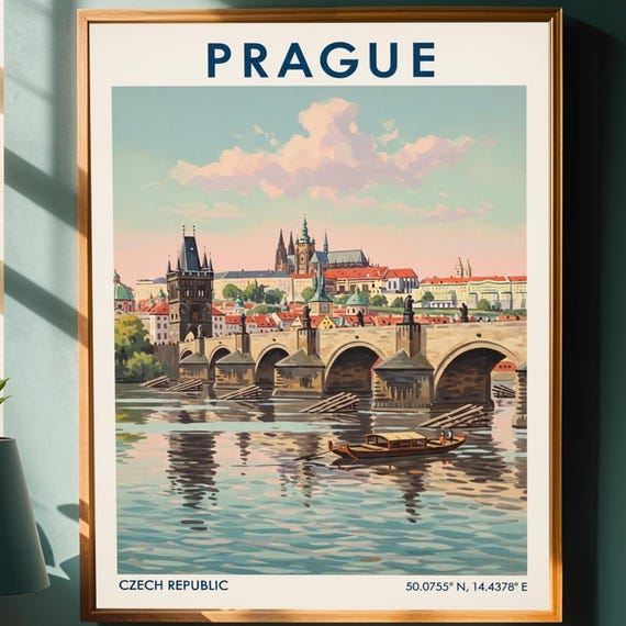 Prague Charles Bridge Poster Blue And Pink Illustration Vintage Travel Art European Cityscape For Enthusiasts
