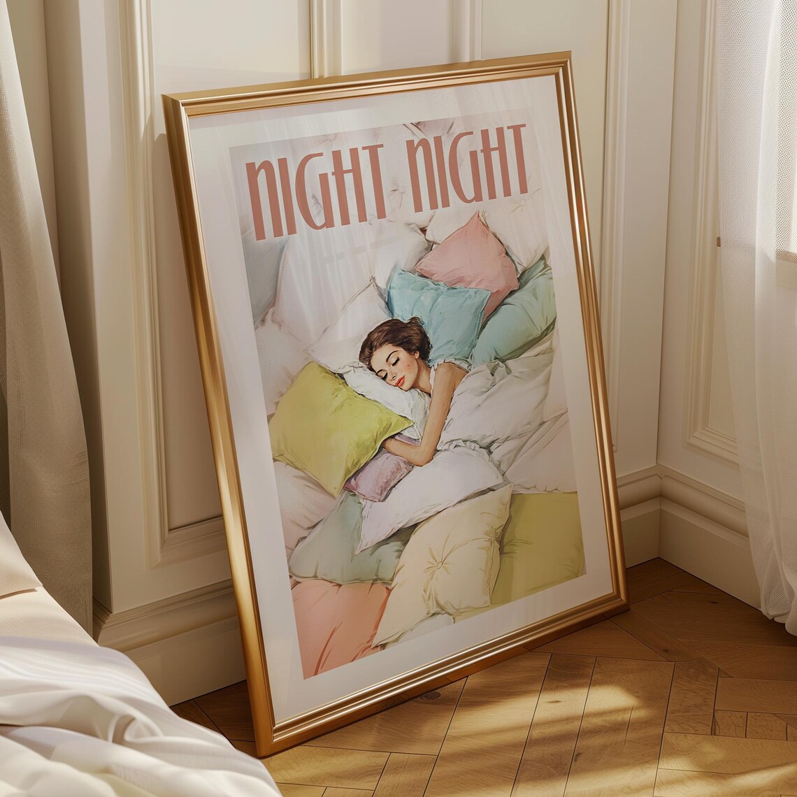 Night Night Sleeping Woman in a Cloud of Pastel Pillows Poster