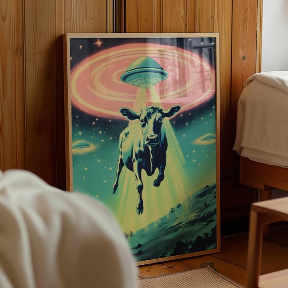 Futuristic 1950s Sci-Fi UFO Cow Abduction Poster