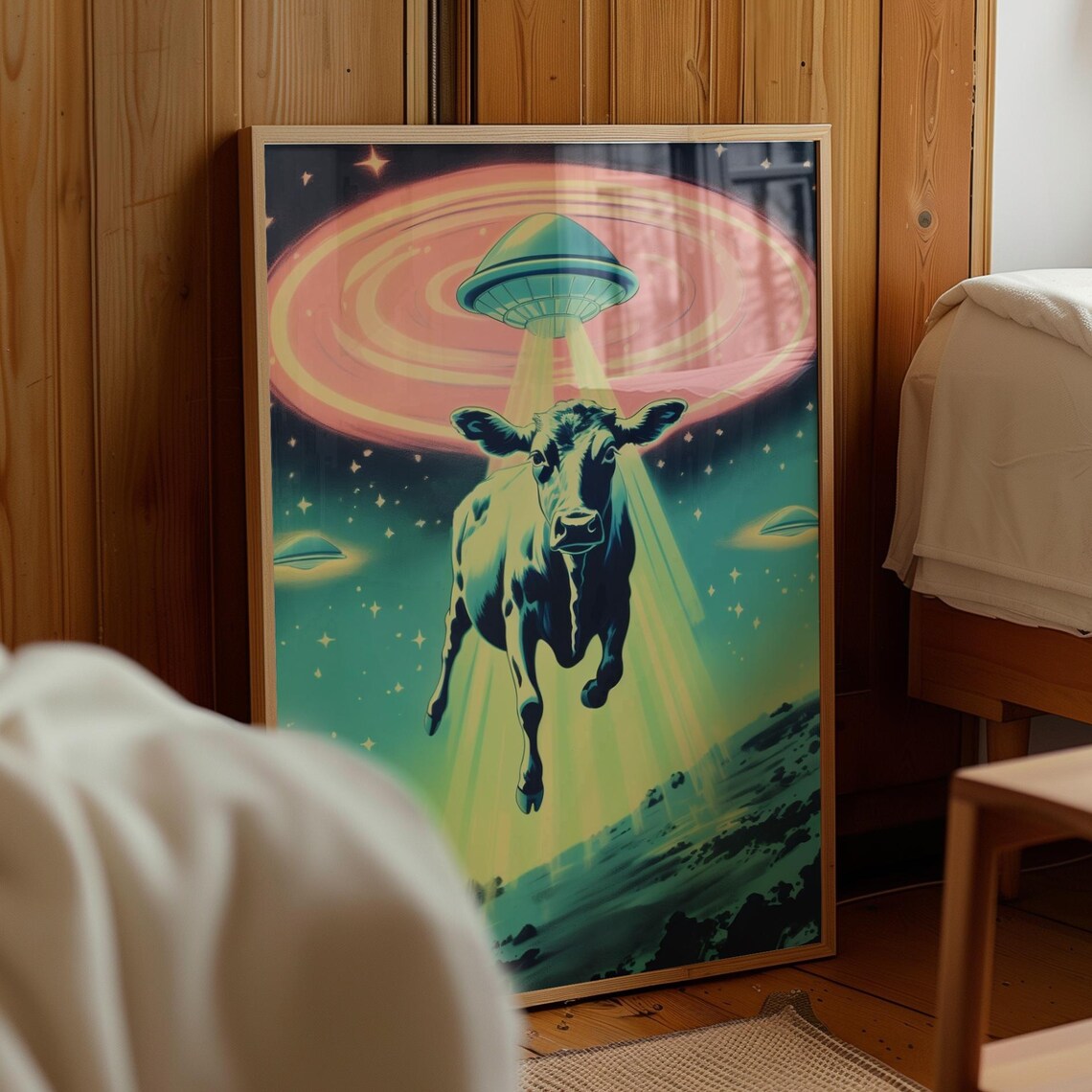Futuristic 1950s Sci-Fi UFO Cow Abduction Poster