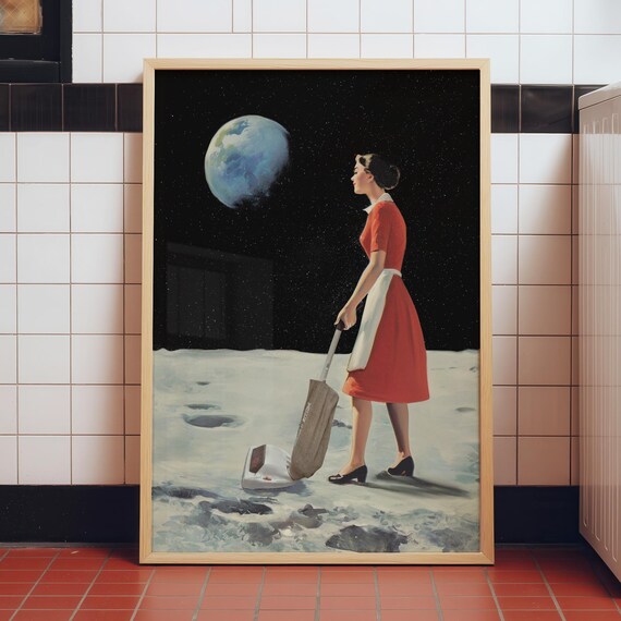 Woman On Moon Art Retro Sci Fi Cosmic Poster Surreal Wall Digital Download