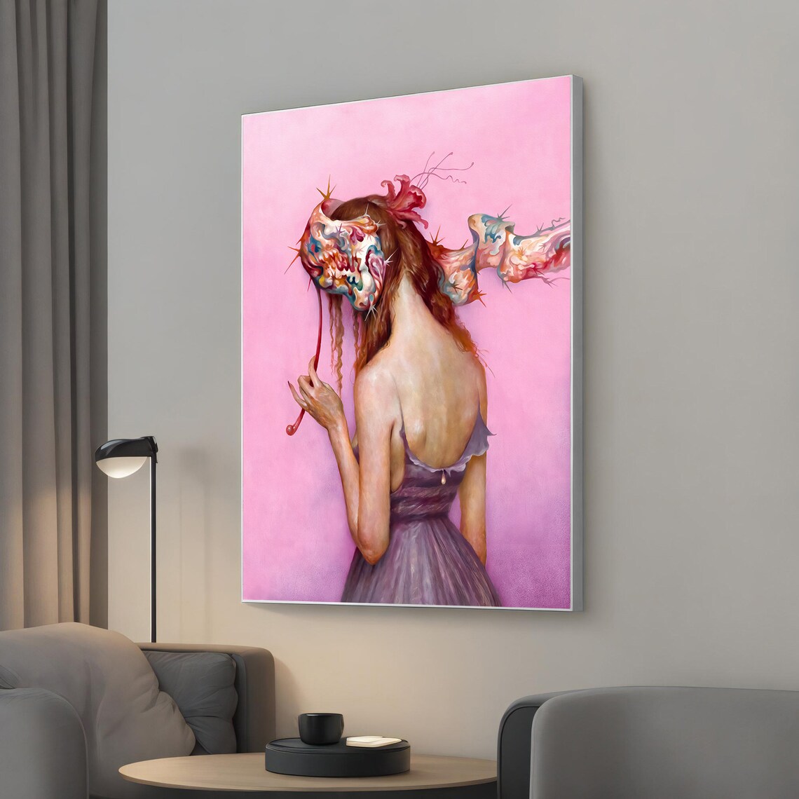 Surreal Masked Girl Pink Painting Dreamlike Modern Art Print