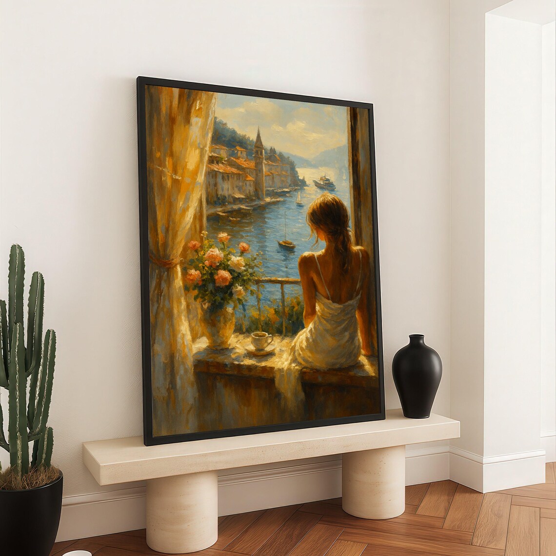 Woman at Seaside Window Coastal Village Morning Oil Painting Print