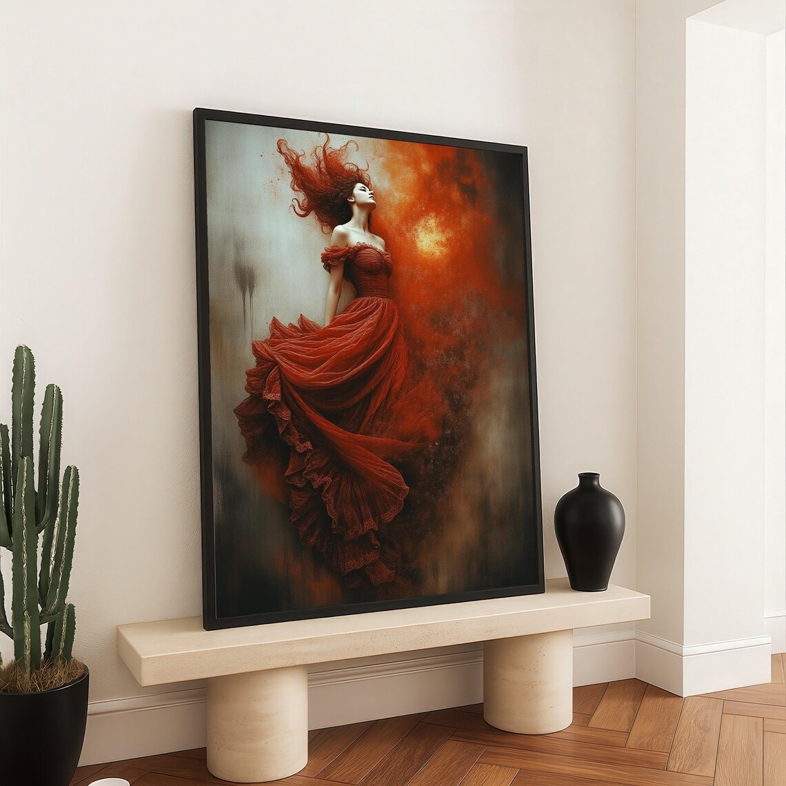 Woman In Flowing Red Gown Wind Dramatic Oil Painting Wall Art