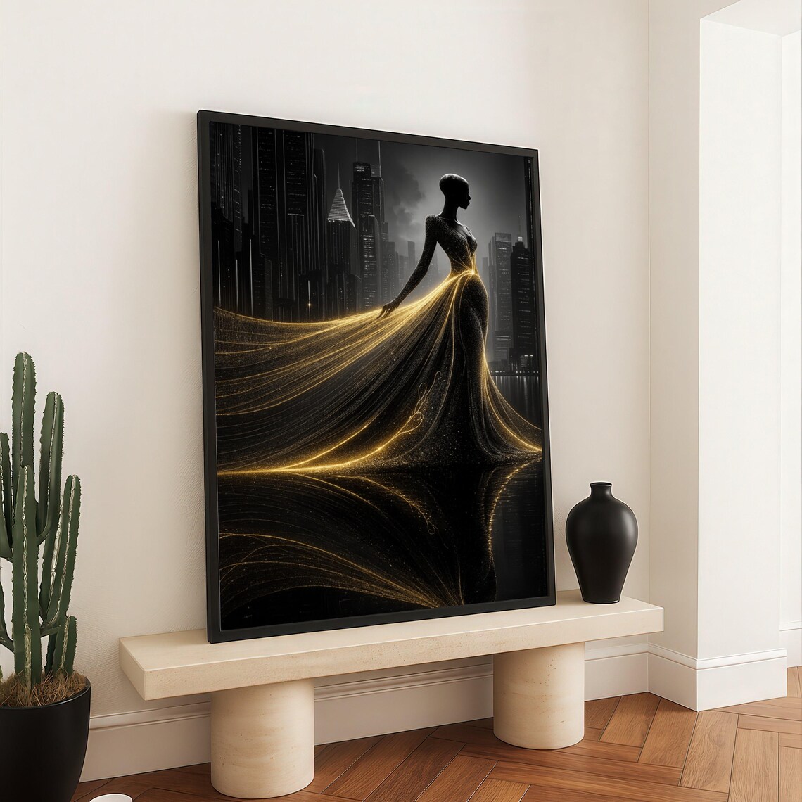 Woman in Glowing Gold Gown Before Night Cityscape Art Poster
