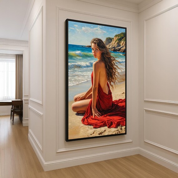 Woman In Red Dress Beach Portrait Ocean Waves Coastal Art Poster