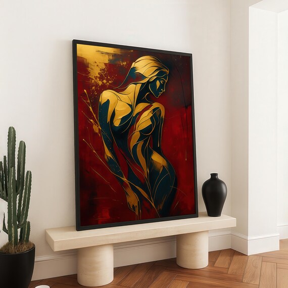 Abstract Female Figure In Gold And Red Modern Painting Art Print