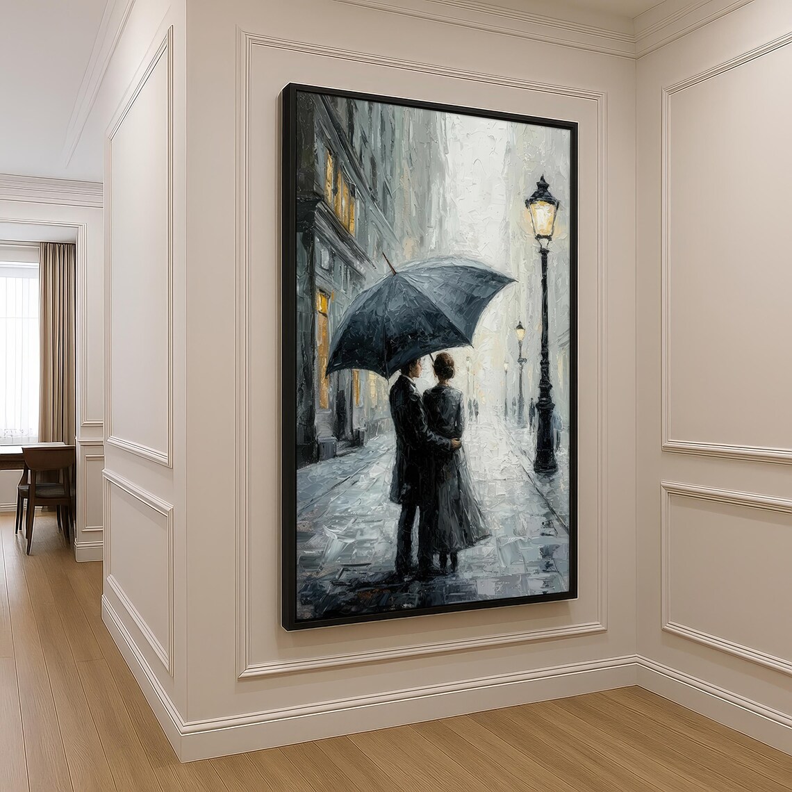 Romantic Couple Sharing Umbrella On Rainy City Street Painting Poster