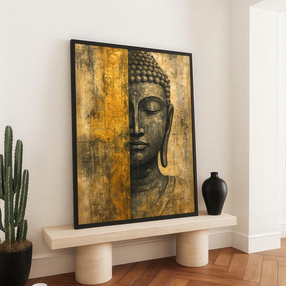 Half Face Buddha Wall Art Zeninspired Canvas Print In Gold And Charcoal Tones Meditative Home Decor