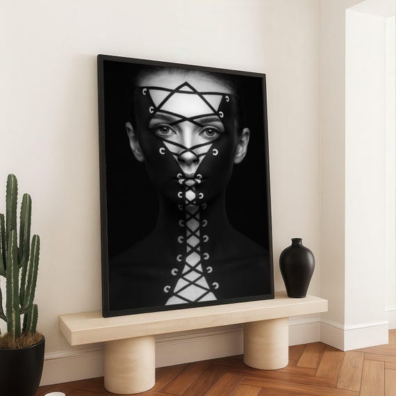 Abstract Geometric Face Art Canvas Black And White Body Paint Modern Portrait Wall Contemporary Home Decor Striking Facial