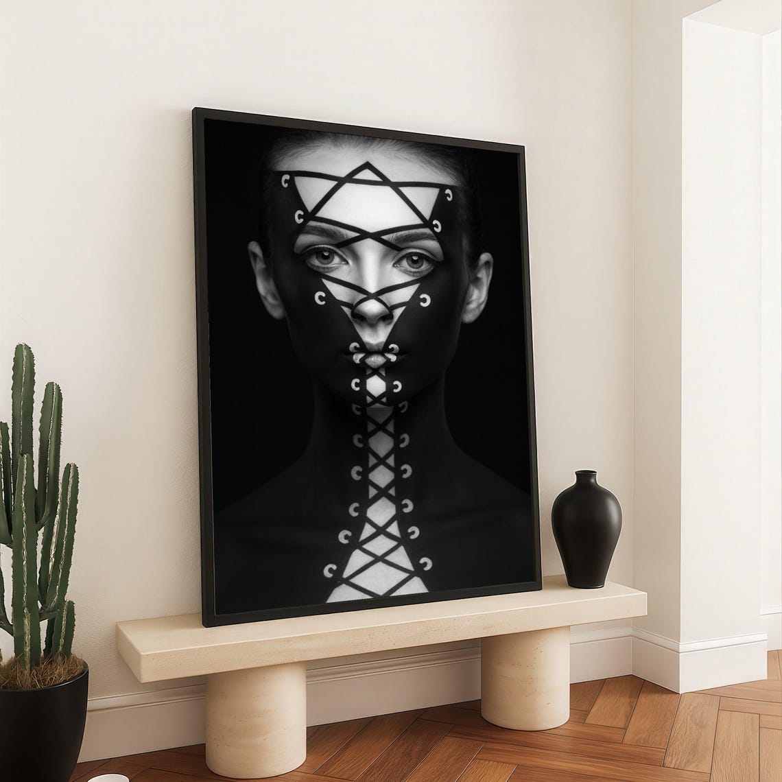Corset Lace Painted Face Black And White Woman Portrait Art Poster