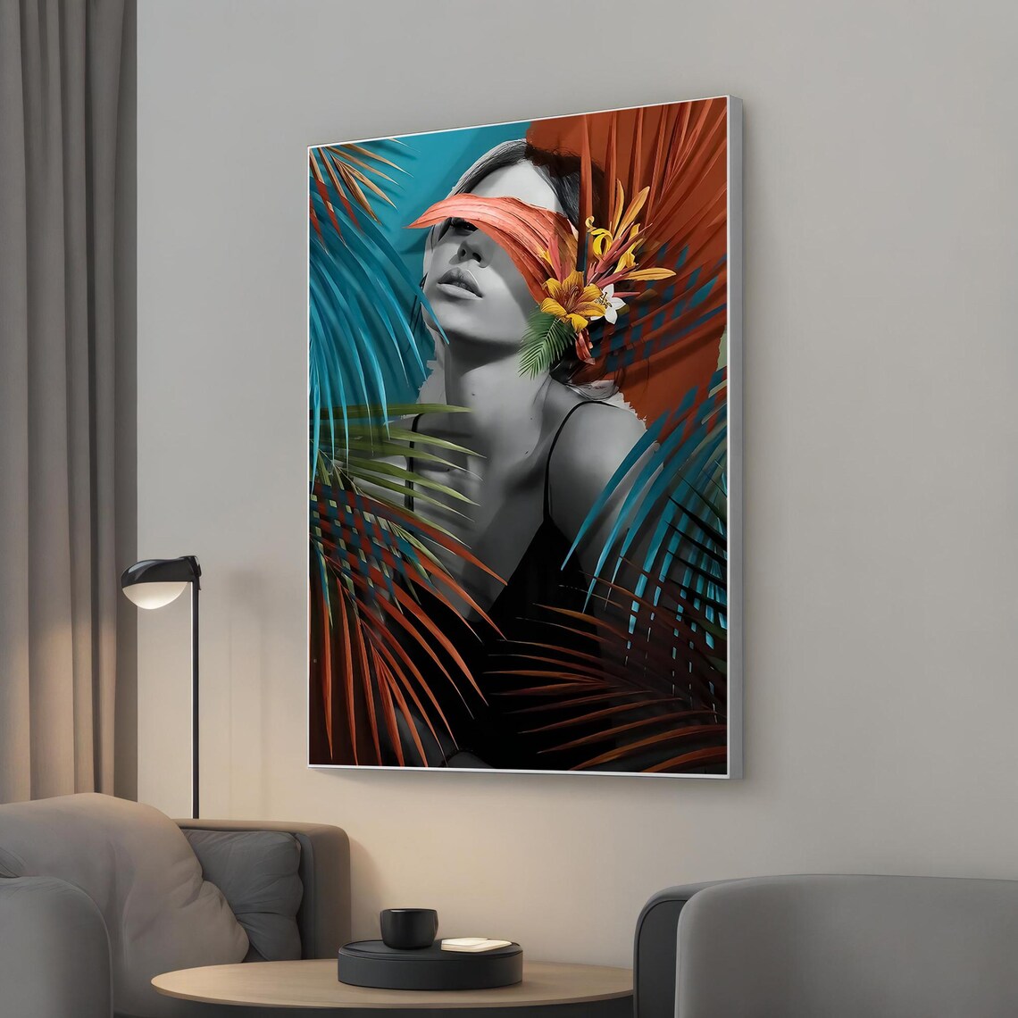Black and White Woman Portrait Tropical Palm Leaves Modern Art Poster