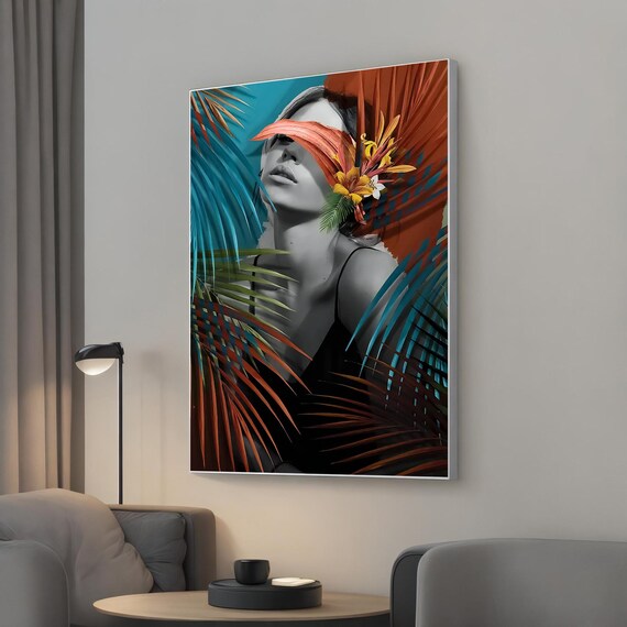 Tropical Beauty Canvas Art Modern Woman Portrait With Vibrant Leaves Flowers Grayscale Figure Colorful Nature Decor Wall