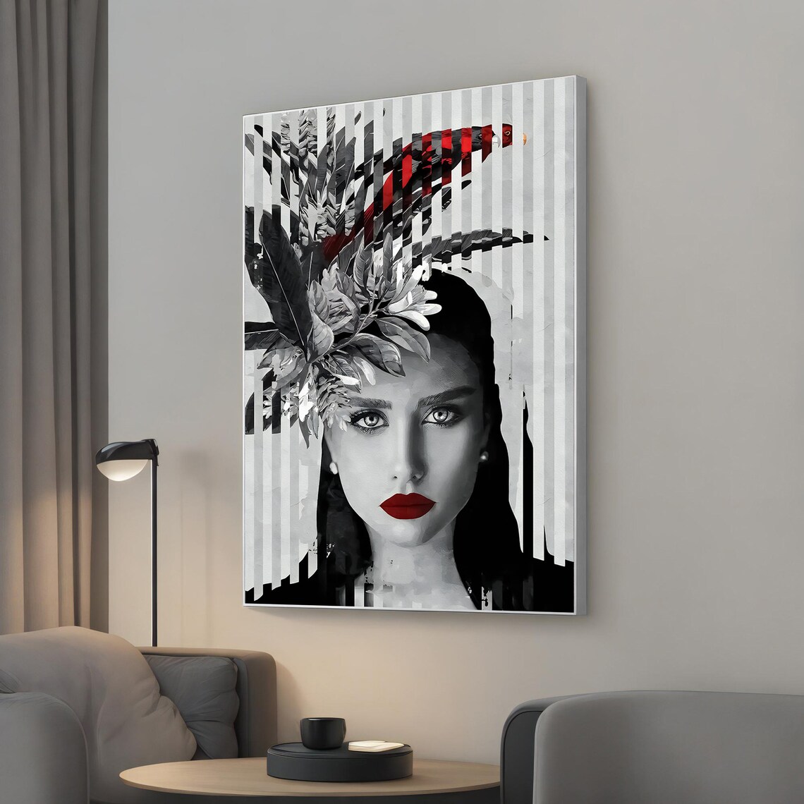 Fashion Woman Feather Flower Headdress Red Lips Monochrome Art Poster
