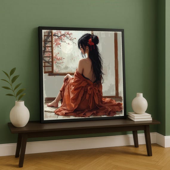 Elegant Woman In Traditional Kimono Canvas Asian Art Wall Decor Cherry Blossom Window Scene Japanese Home Decoration