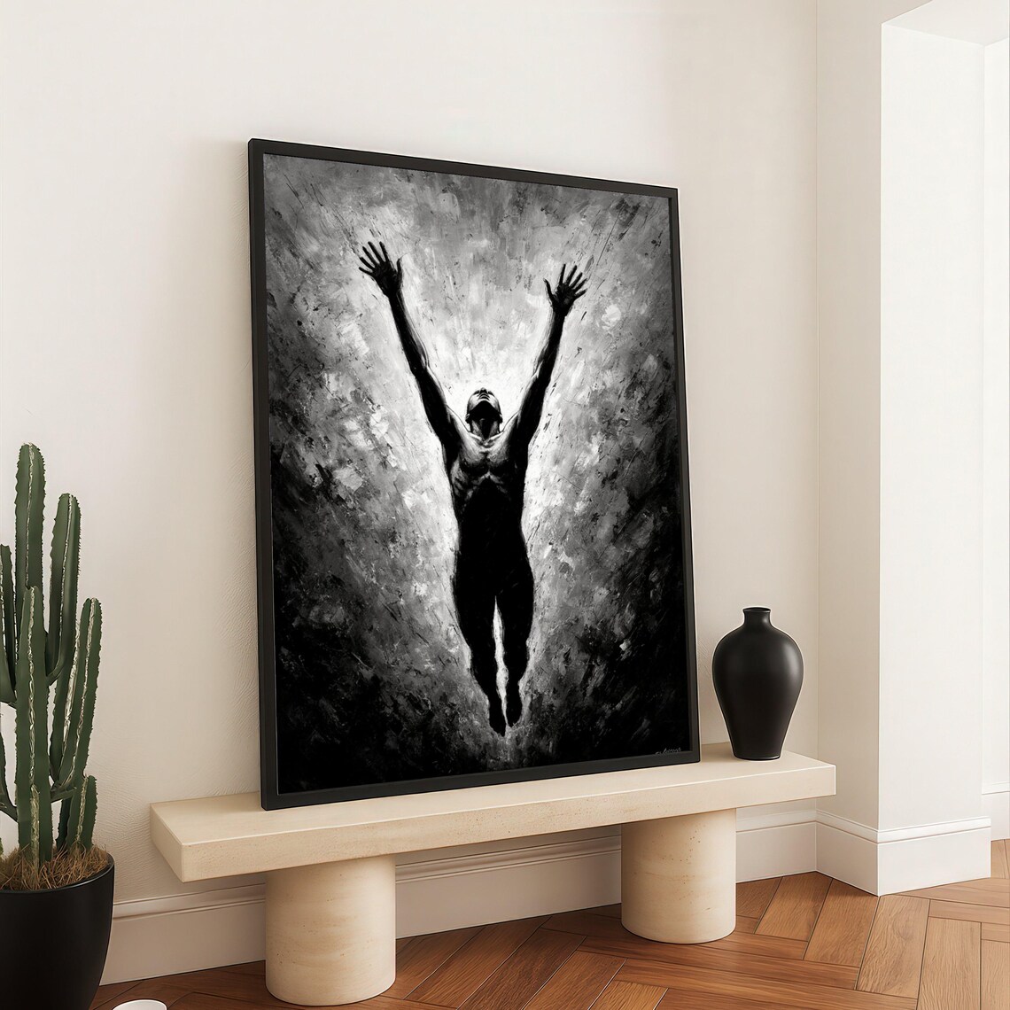 Ascending Figure Black and White Charcoal Spiritual Wall Art