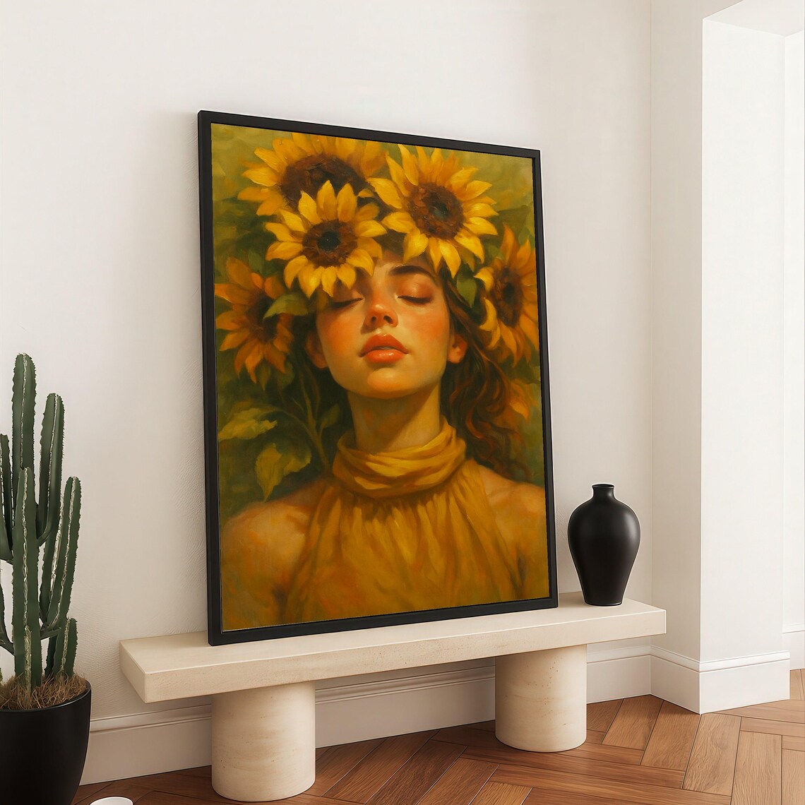 Sunflower Crown Woman Portrait Golden Yellow Canvas Wall Art Floral Face Painting Warm Autumn Home Decor Elegant Female