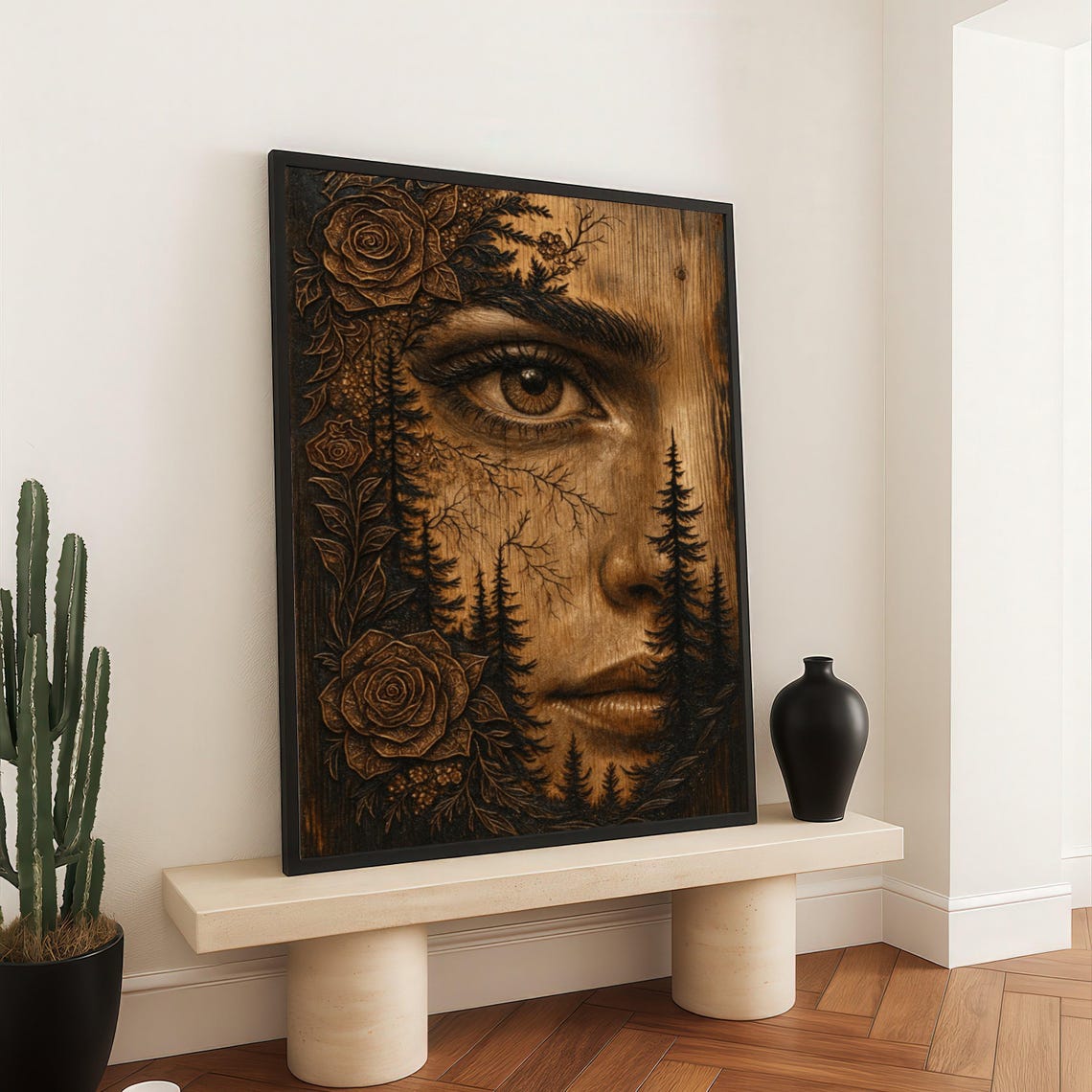 Carved Wood Face Roses Forest Intricate Rustic Portrait Art Poster