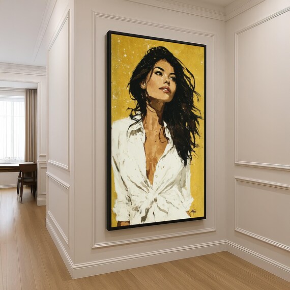 Elegant Woman Portrait Canvas Modern Figurative Art Contemporary Female Painting Yellow Background Wall Stylish Home Decor