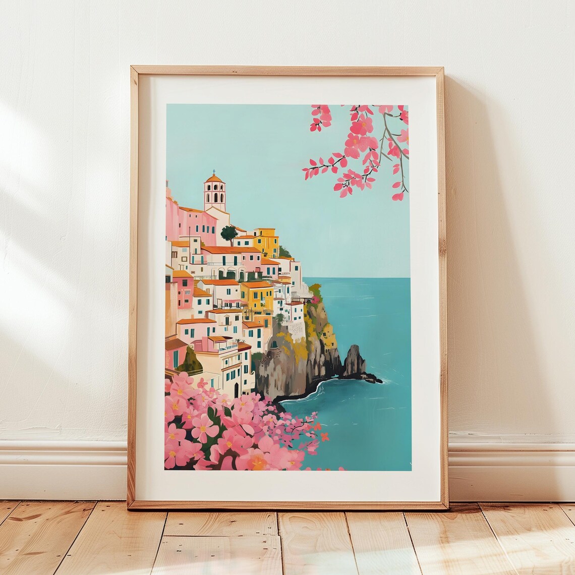 Atrani Amalfi Coast Pastel Cliffside Town Blossoms Travel Poster