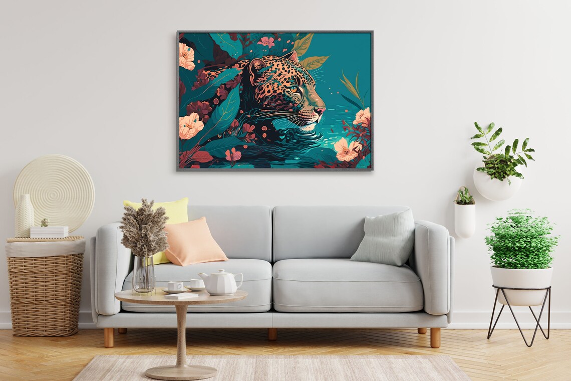 Jaguar Wading Tropical Lagoon Water Leaves Modern Jungle Poster - Image 2