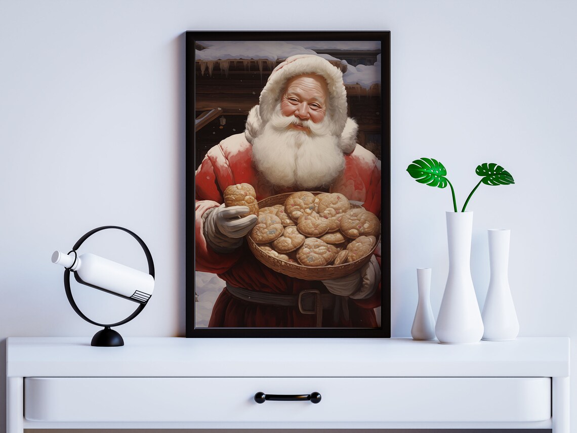 Santa Claus With Basket Of Cookies Christmas Eve Vintage Scene Wall Art - Image 2