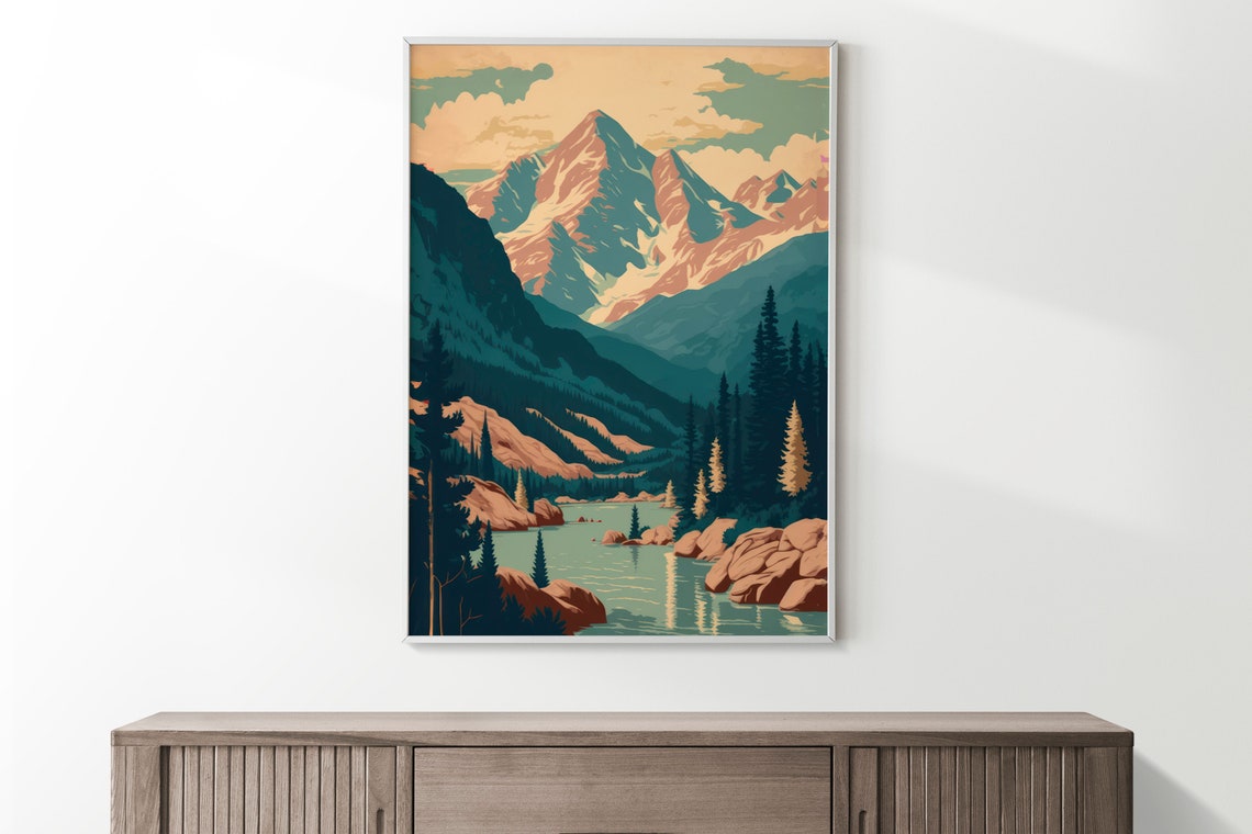 Pastel Mountain River Vintage Travel Style Scenic Landscape Wall Art - Image 3