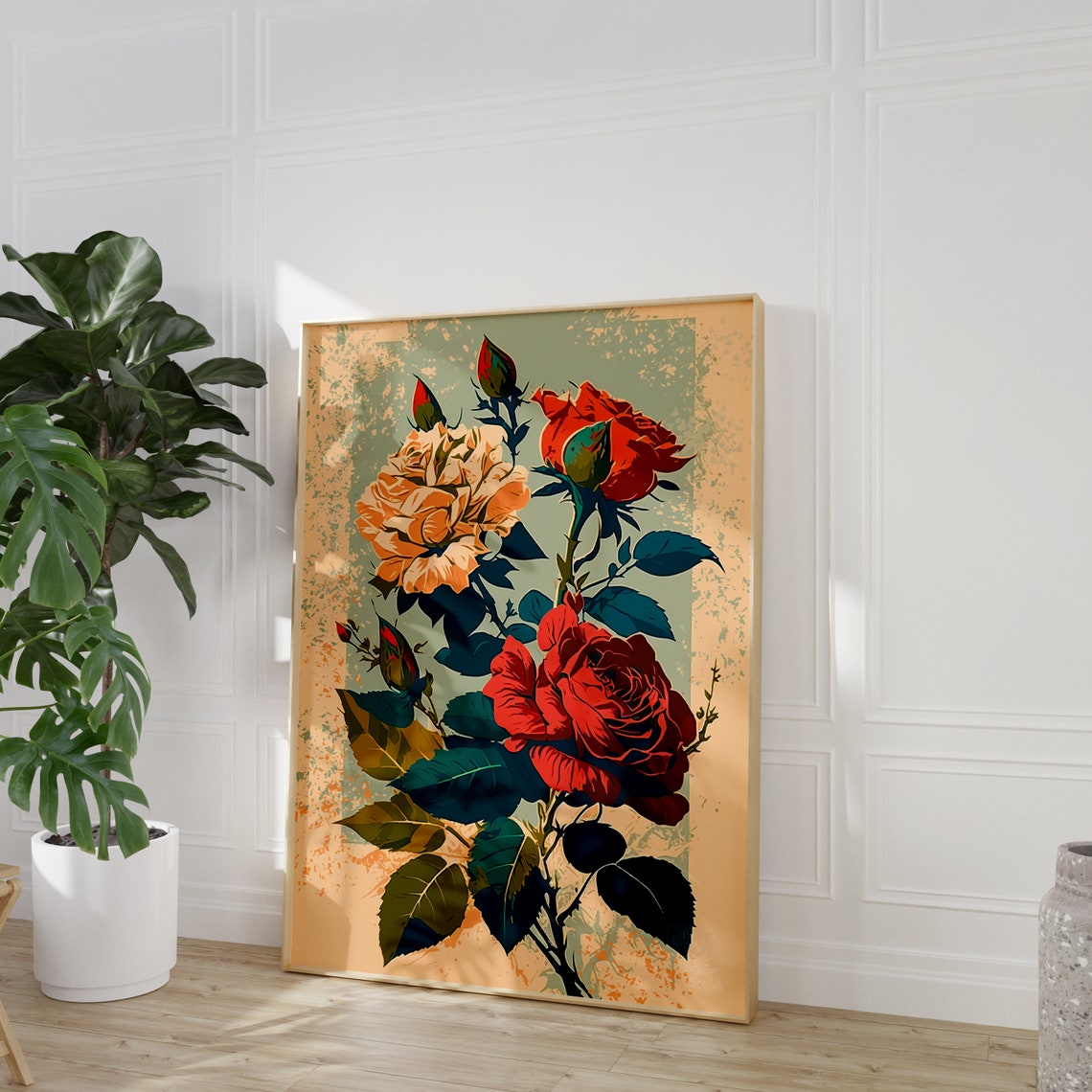 Vintage Style Red And Cream Roses Bouquet Romantic Floral Art Poster - Image 2
