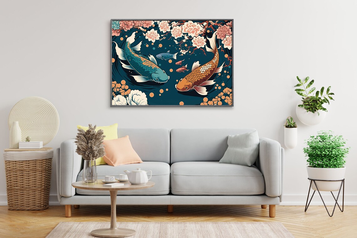 Twin Koi Fish Circling Under Cherry Blossom Japanese Art Poster - Image 3