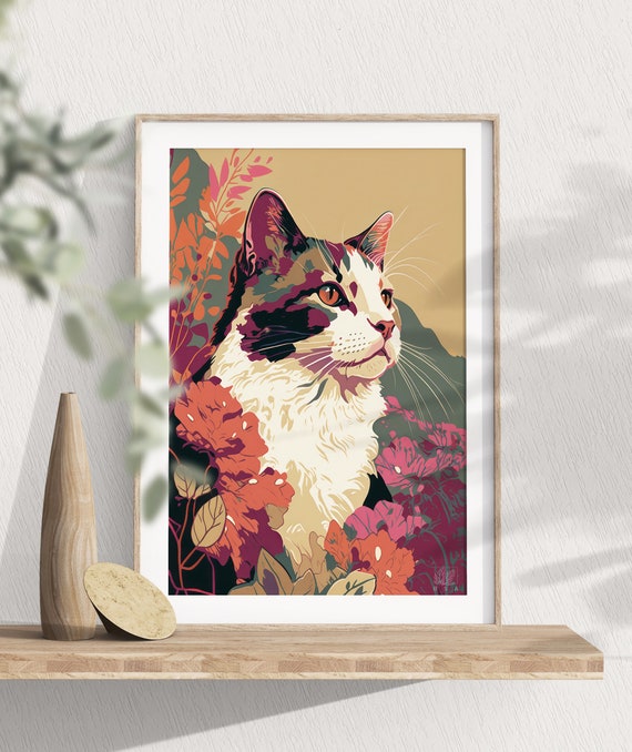Calico Cat Flower Art, Floral Modern Cat Print