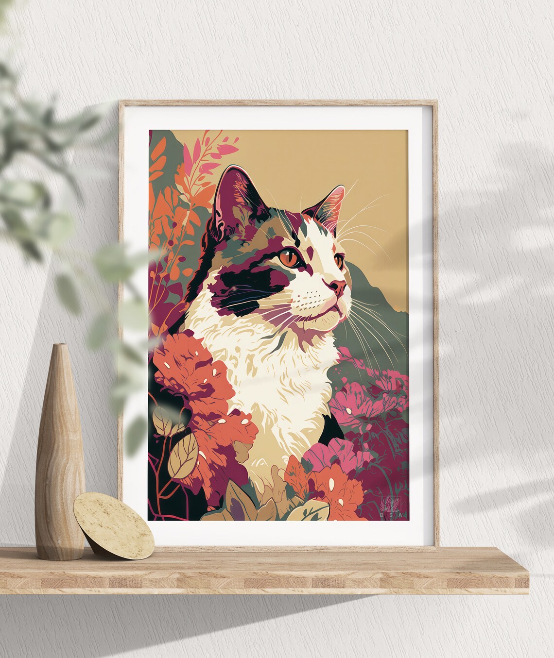 Calico Cat Flower Art, Floral Modern Cat Print