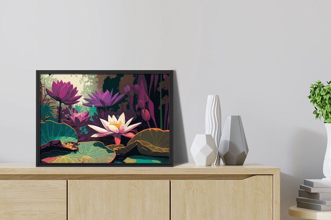 Purple Water Lilies On Pond Lily Pads Moody Floral Art Poster - Image 2
